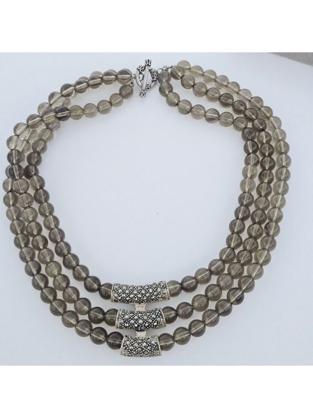 Vintage Triple Strand Natural Smoky Quartz .925 Sterling Silver Necklace - Picture 1 of 7